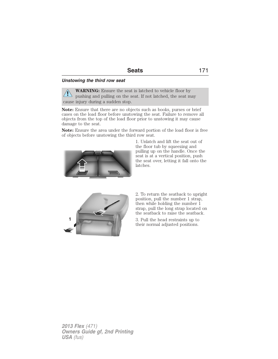 Unstowing the third row seat, Seats 171 | FORD 2013 Flex v.2 User Manual | Page 171 / 535