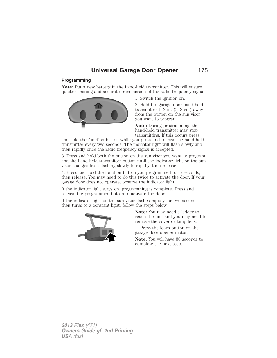 Programming, Universal garage door opener 175 | FORD 2013 Flex v.2 User Manual | Page 175 / 535