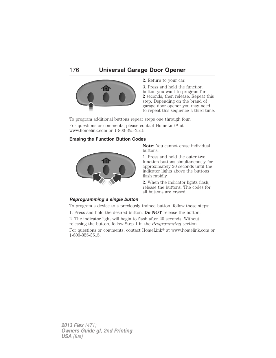 Erasing the function button codes, Reprogramming a single button, 176 universal garage door opener | FORD 2013 Flex v.2 User Manual | Page 176 / 535