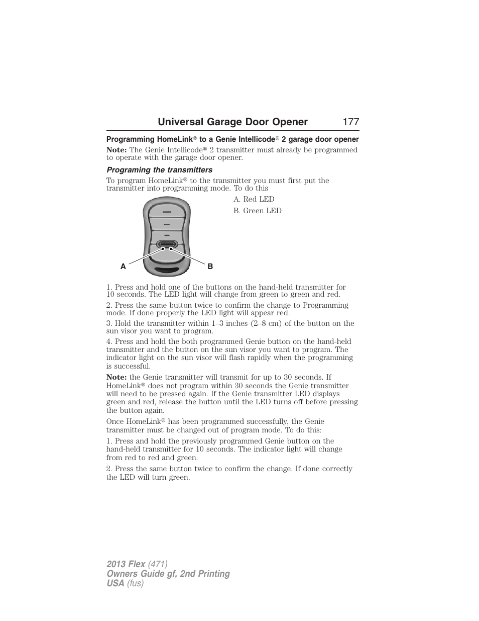 Programing the transmitters, Universal garage door opener 177 | FORD 2013 Flex v.2 User Manual | Page 177 / 535