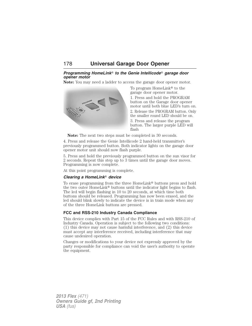 Clearing a homelink? device, Fcc and rss-210 industry canada compliance, 178 universal garage door opener | FORD 2013 Flex v.2 User Manual | Page 178 / 535