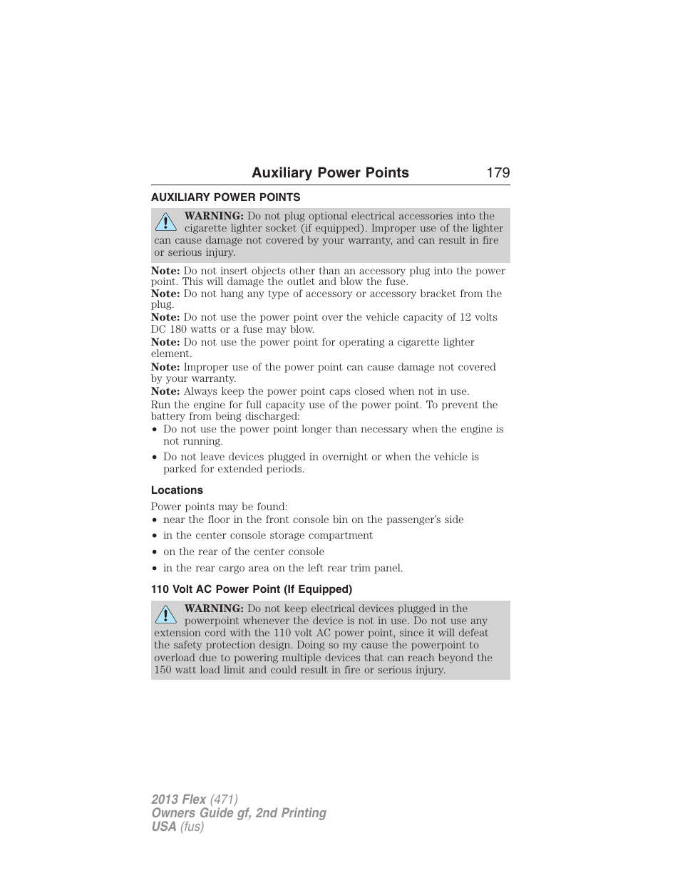 Auxiliary power points, Locations, 110 volt ac power point (if equipped) | Auxiliary power points 179 | FORD 2013 Flex v.2 User Manual | Page 179 / 535