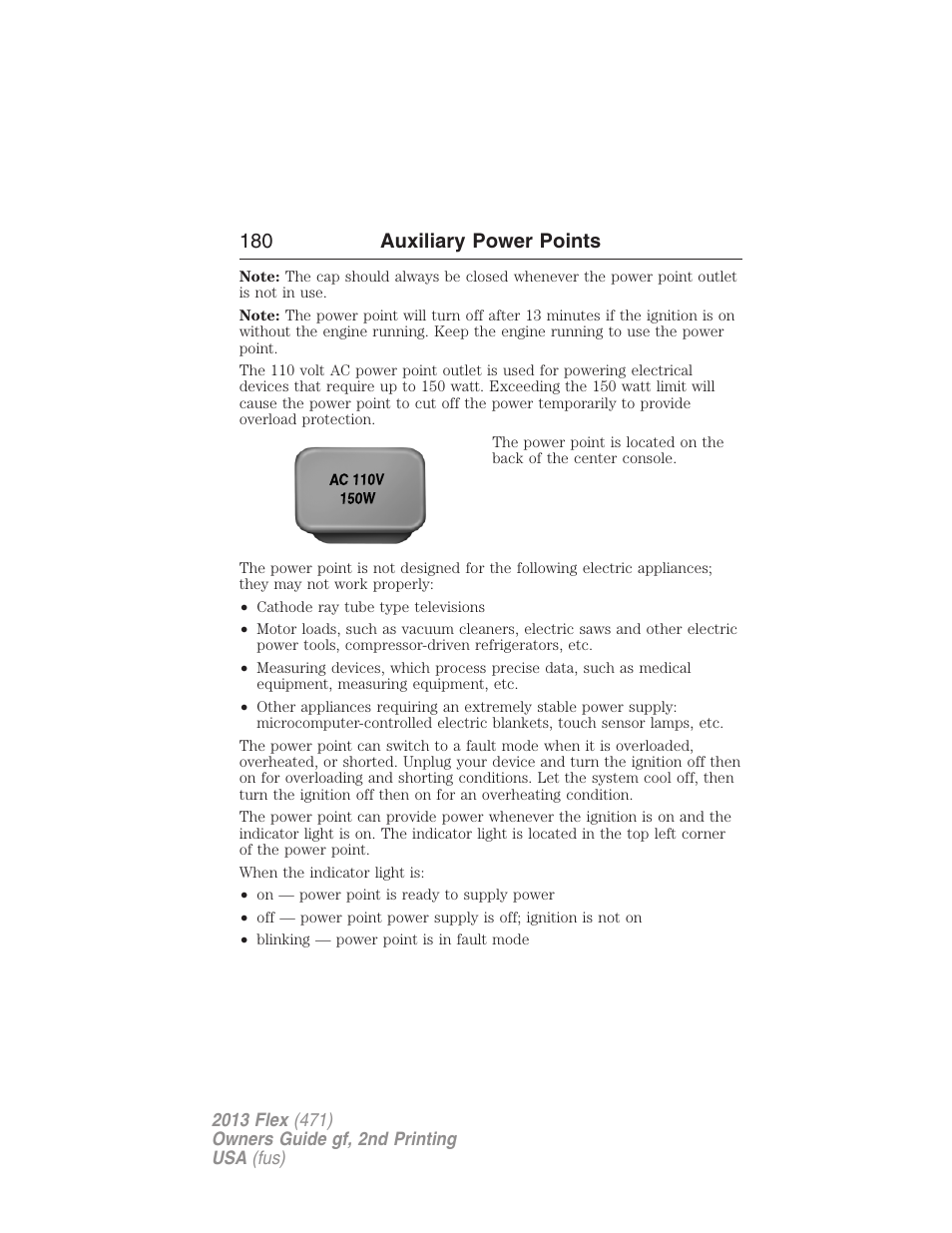 180 auxiliary power points | FORD 2013 Flex v.2 User Manual | Page 180 / 535