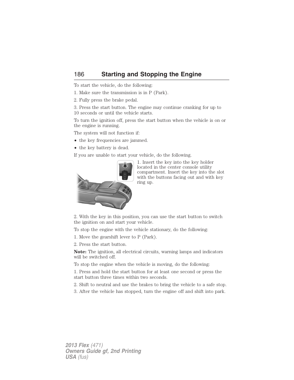186 starting and stopping the engine | FORD 2013 Flex v.2 User Manual | Page 186 / 535