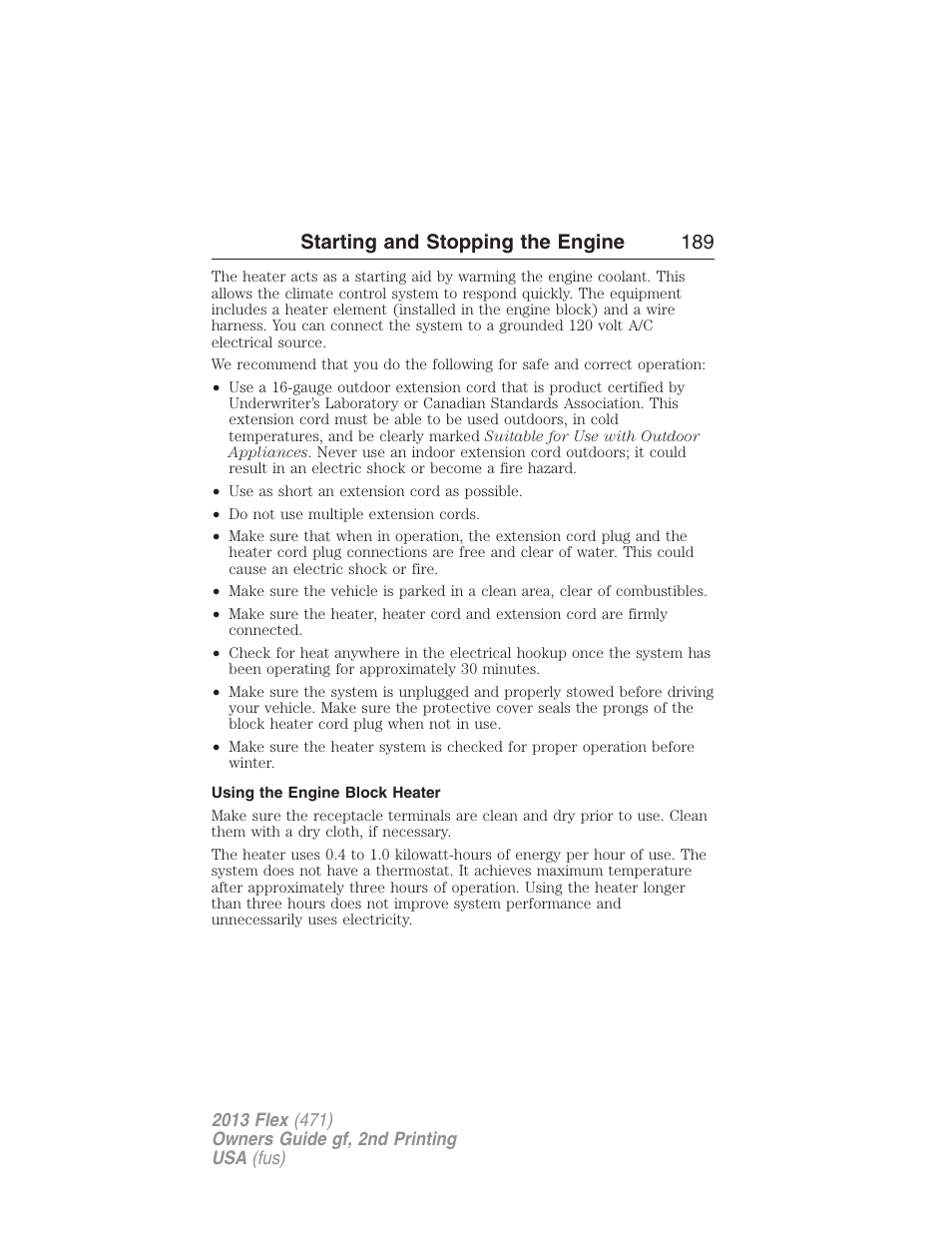 Using the engine block heater, Starting and stopping the engine 189 | FORD 2013 Flex v.2 User Manual | Page 189 / 535