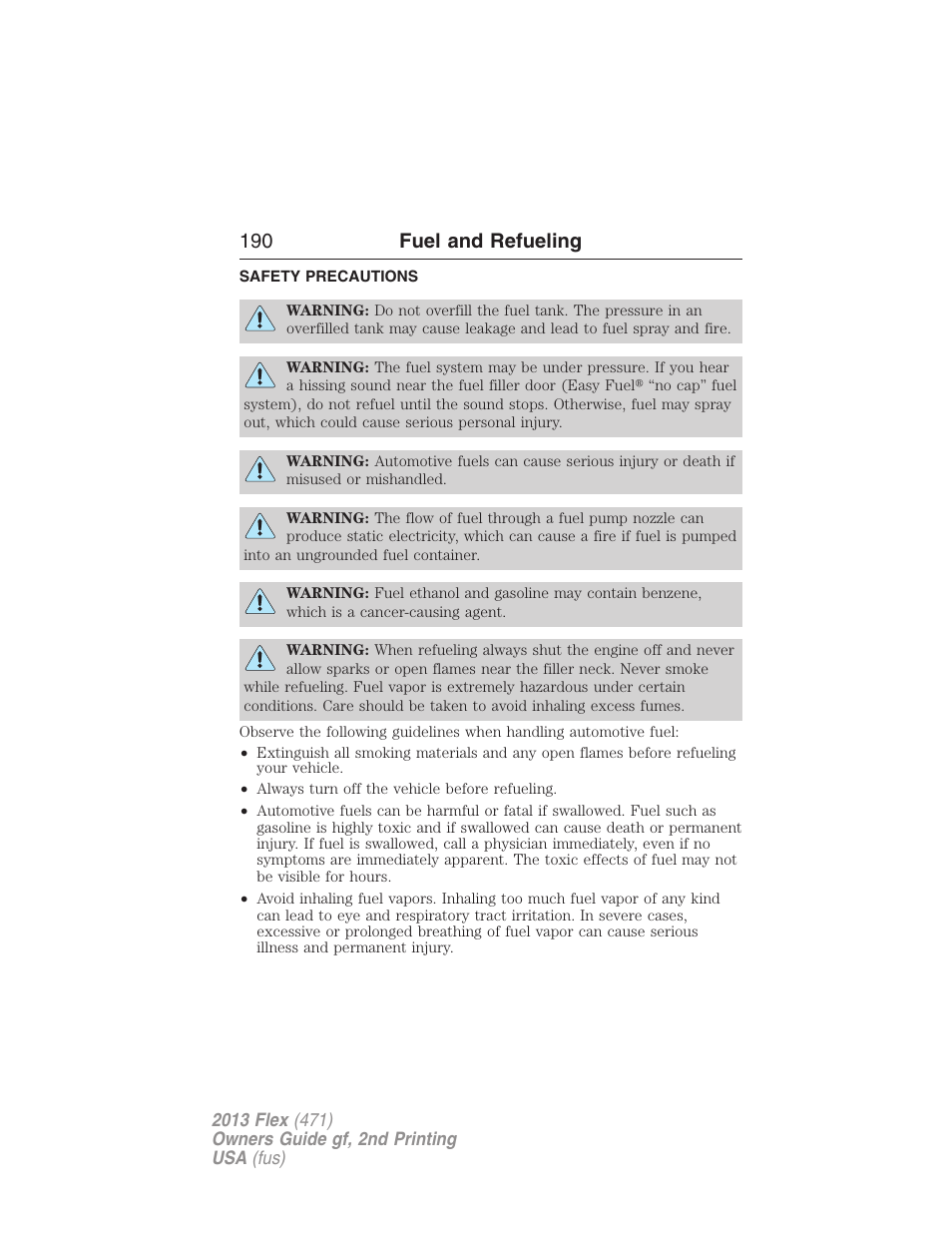 Fuel and refueling, Safety precautions, 190 fuel and refueling | FORD 2013 Flex v.2 User Manual | Page 190 / 535