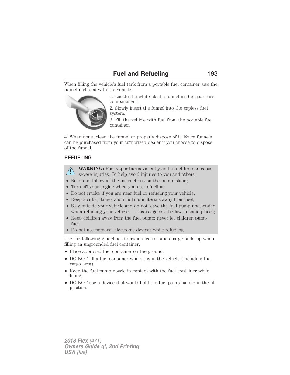 Refueling, Fuel and refueling 193 | FORD 2013 Flex v.2 User Manual | Page 193 / 535