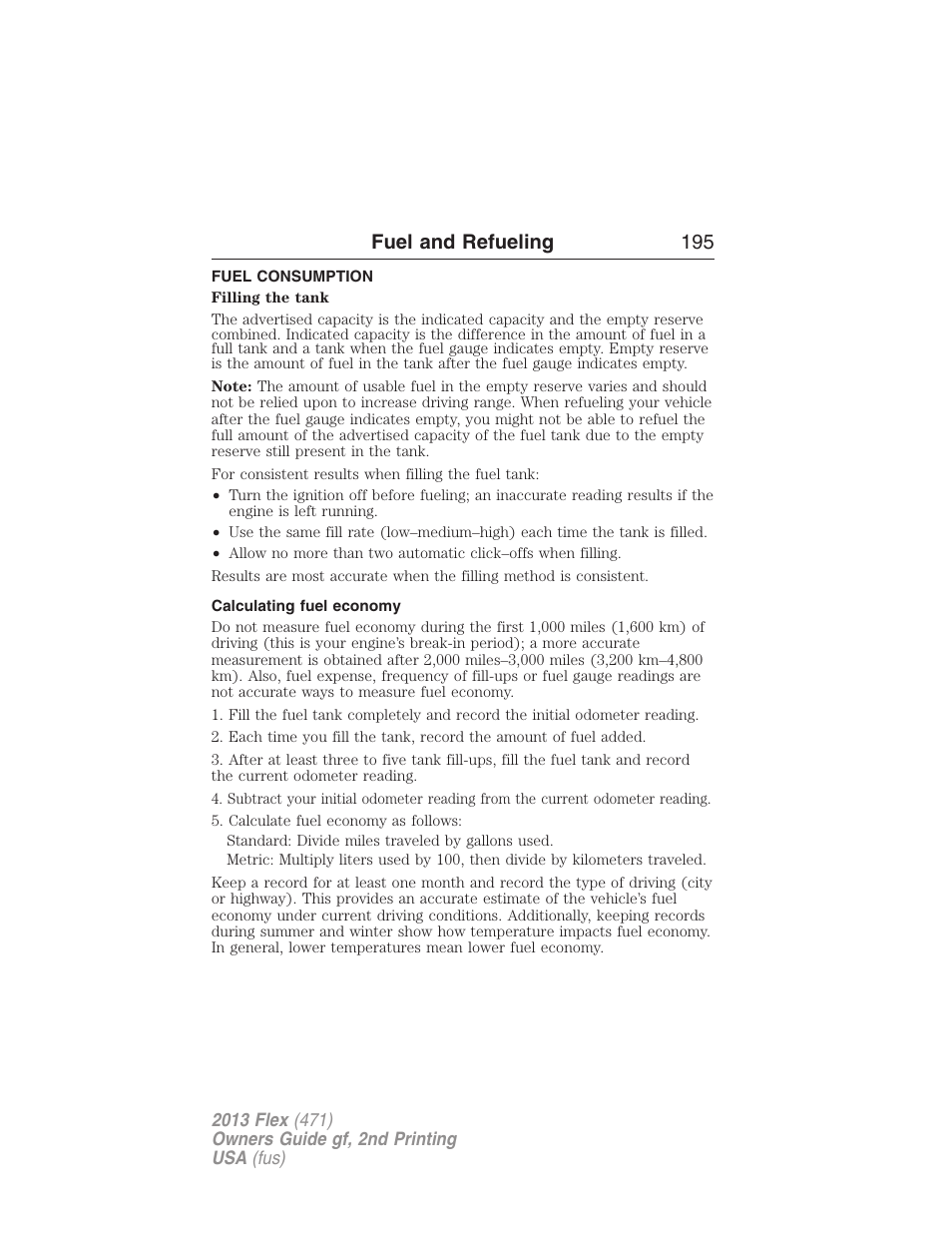 Fuel consumption, Calculating fuel economy, Fuel and refueling 195 | FORD 2013 Flex v.2 User Manual | Page 195 / 535