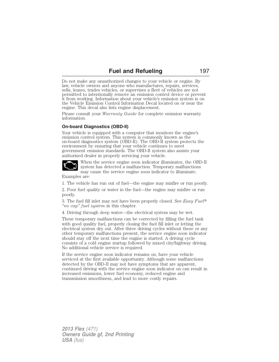 On-board diagnostics (obd-ii), Fuel and refueling 197 | FORD 2013 Flex v.2 User Manual | Page 197 / 535