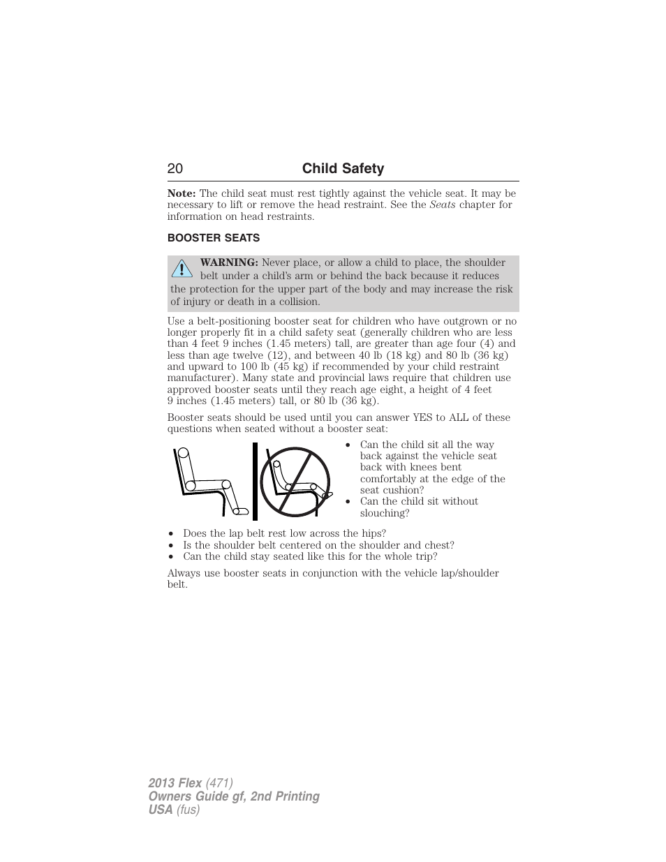 Booster seats, 20 child safety | FORD 2013 Flex v.2 User Manual | Page 20 / 535