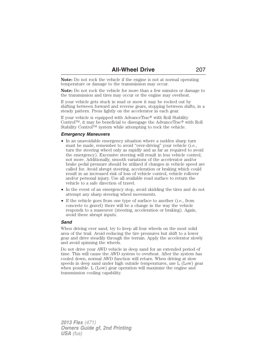 Emergency maneuvers, Sand, All-wheel drive 207 | FORD 2013 Flex v.2 User Manual | Page 207 / 535