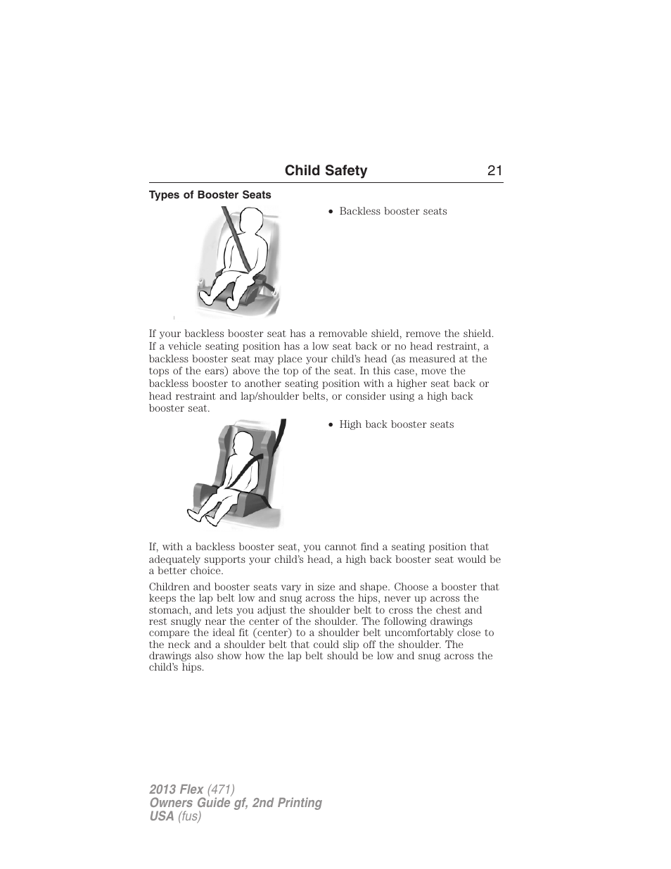 Types of booster seats, Child safety 21 | FORD 2013 Flex v.2 User Manual | Page 21 / 535