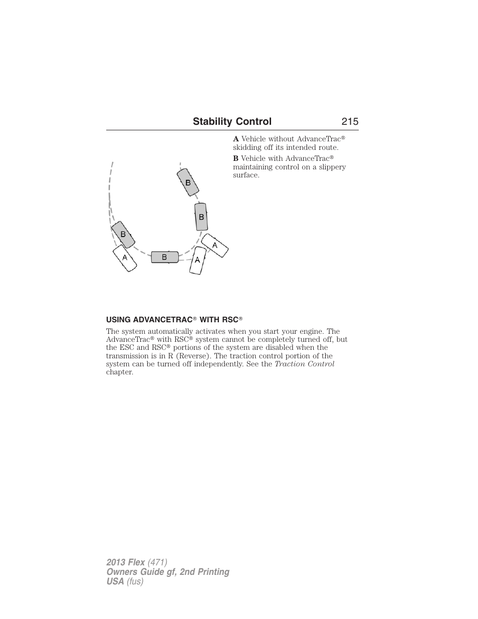 Using advancetrac? with rsc, Stability control 215 | FORD 2013 Flex v.2 User Manual | Page 215 / 535