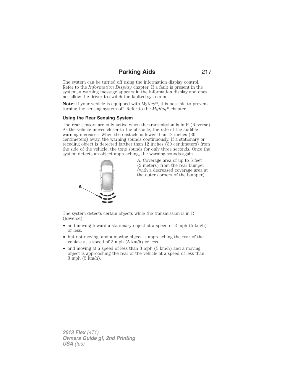 Using the rear sensing system, Parking aids 217 | FORD 2013 Flex v.2 User Manual | Page 217 / 535