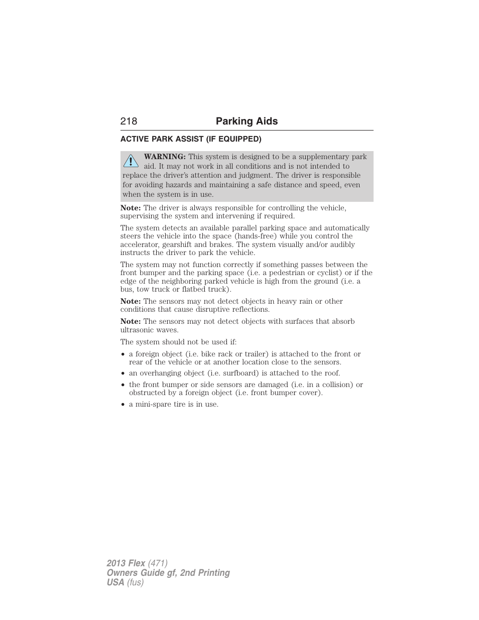 Active park assist (if equipped), Active park assist, 218 parking aids | FORD 2013 Flex v.2 User Manual | Page 218 / 535