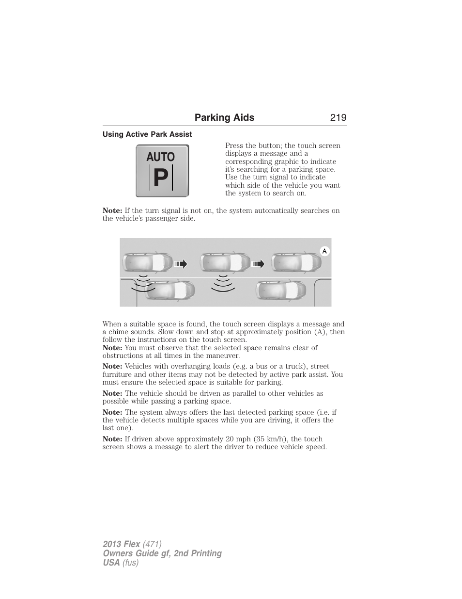 Using active park assist, Auto | FORD 2013 Flex v.2 User Manual | Page 219 / 535