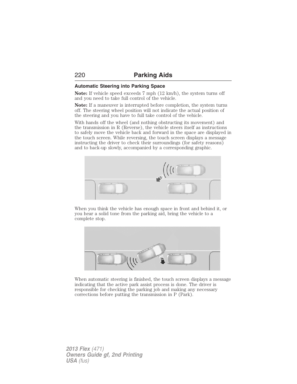 Automatic steering into parking space, 220 parking aids | FORD 2013 Flex v.2 User Manual | Page 220 / 535