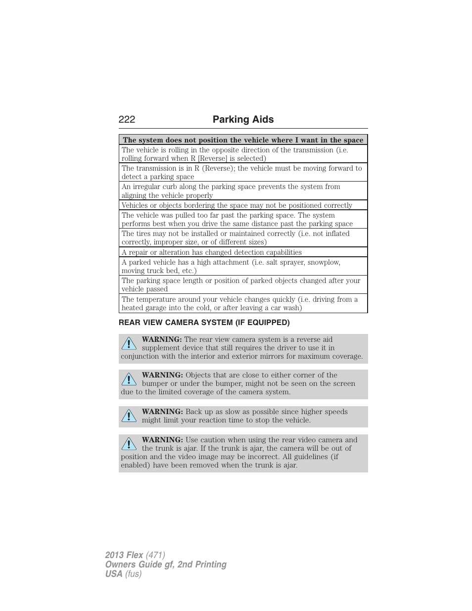 Rear view camera system (if equipped), Rear-view camera system, 222 parking aids | FORD 2013 Flex v.2 User Manual | Page 222 / 535