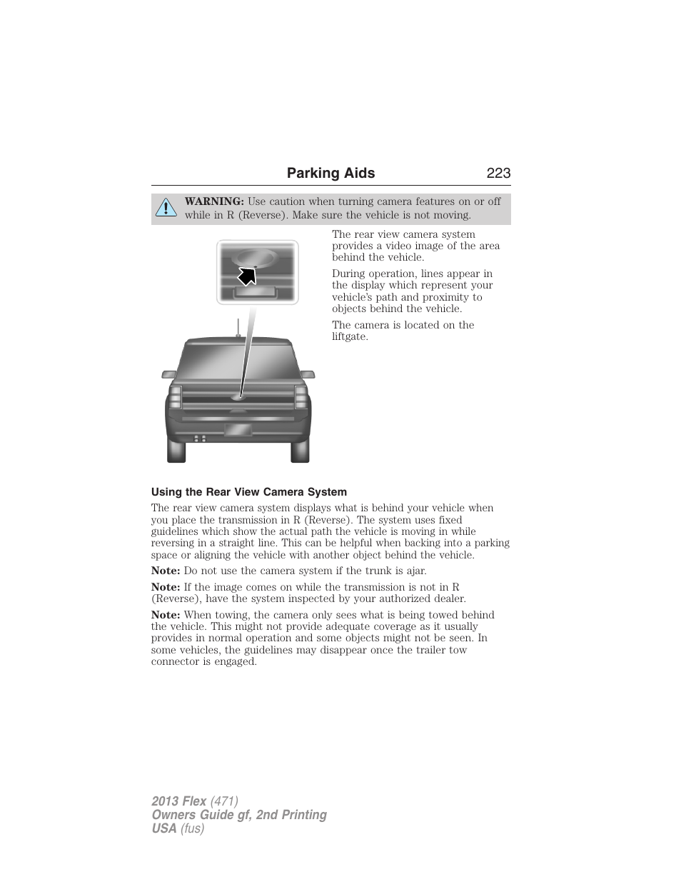 Using the rear view camera system, Parking aids 223 | FORD 2013 Flex v.2 User Manual | Page 223 / 535