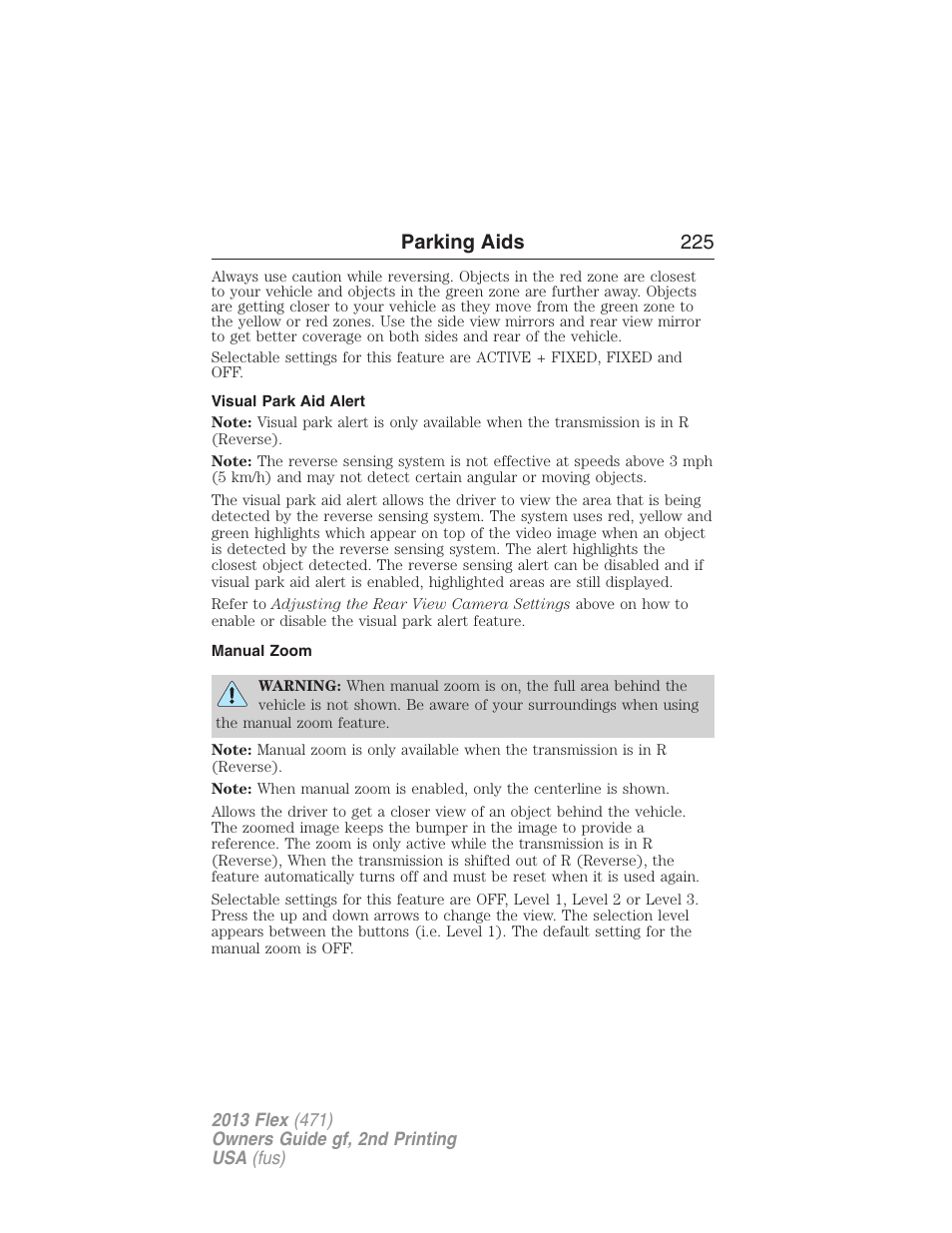 Visual park aid alert, Manual zoom, Parking aids 225 | FORD 2013 Flex v.2 User Manual | Page 225 / 535