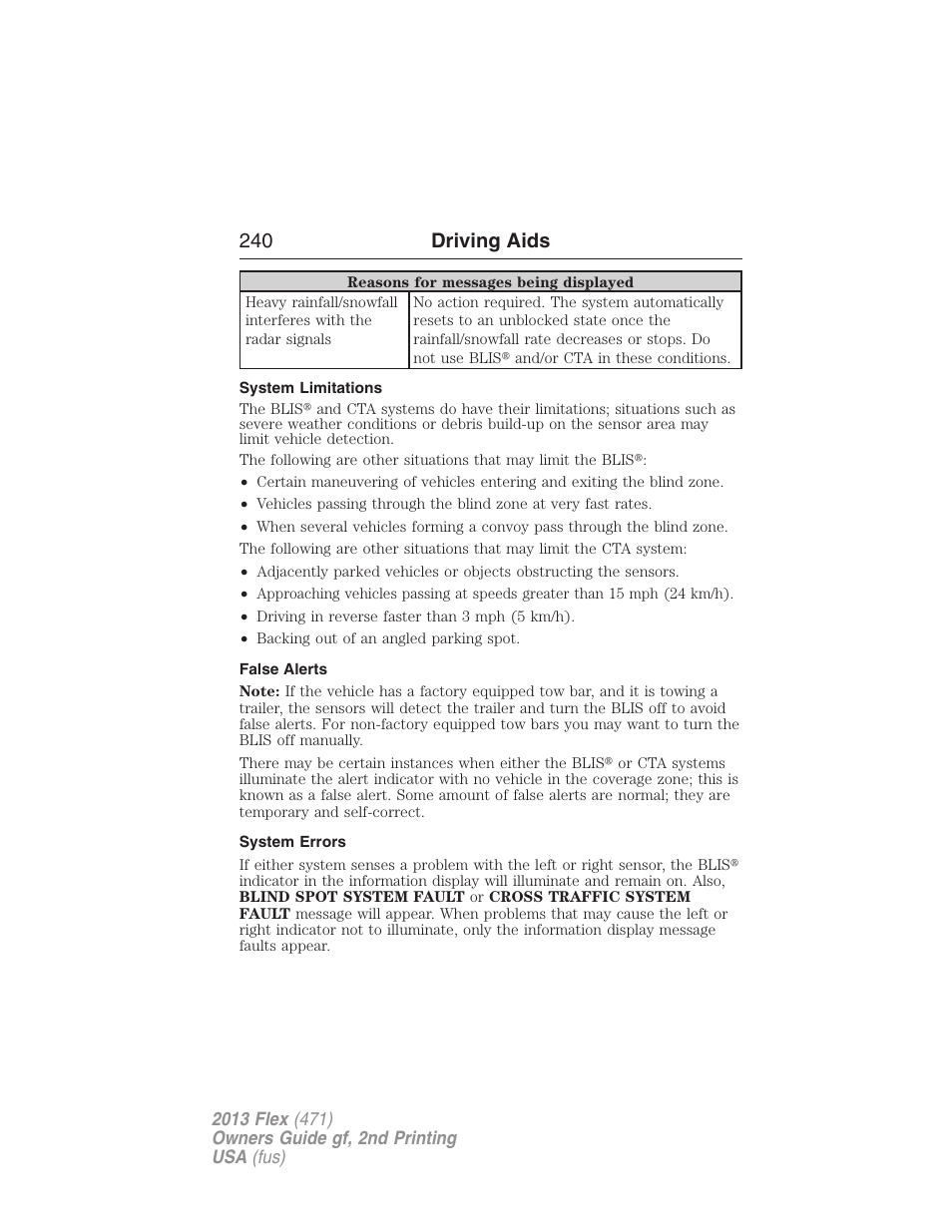System limitations, False alerts, System errors | 240 driving aids | FORD 2013 Flex v.2 User Manual | Page 240 / 535