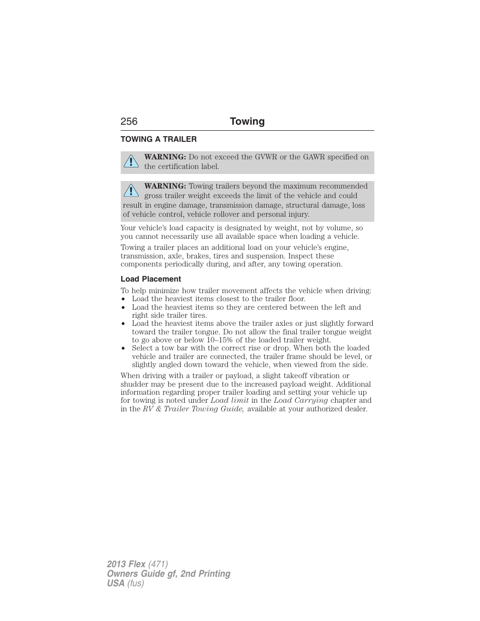 Towing, Towing a trailer, Load placement | Trailer towing, 256 towing | FORD 2013 Flex v.2 User Manual | Page 256 / 535