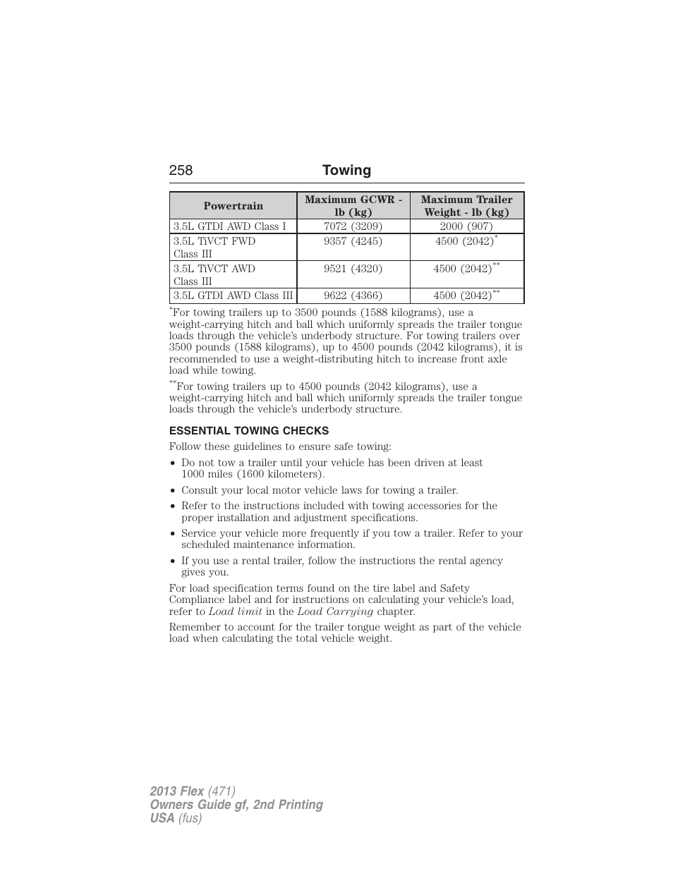 Essential towing checks, 258 towing | FORD 2013 Flex v.2 User Manual | Page 258 / 535