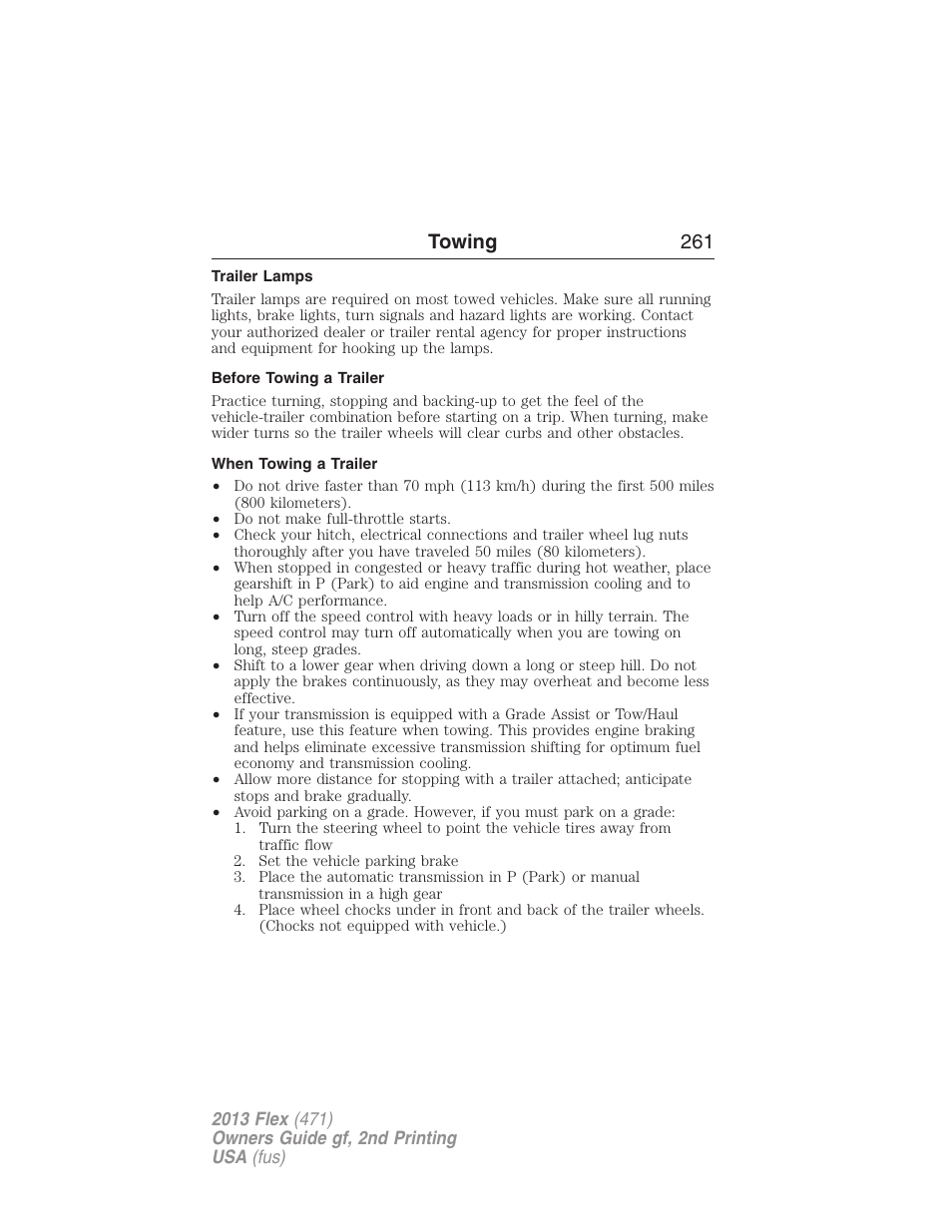 Trailer lamps, Before towing a trailer, When towing a trailer | Towing 261 | FORD 2013 Flex v.2 User Manual | Page 261 / 535