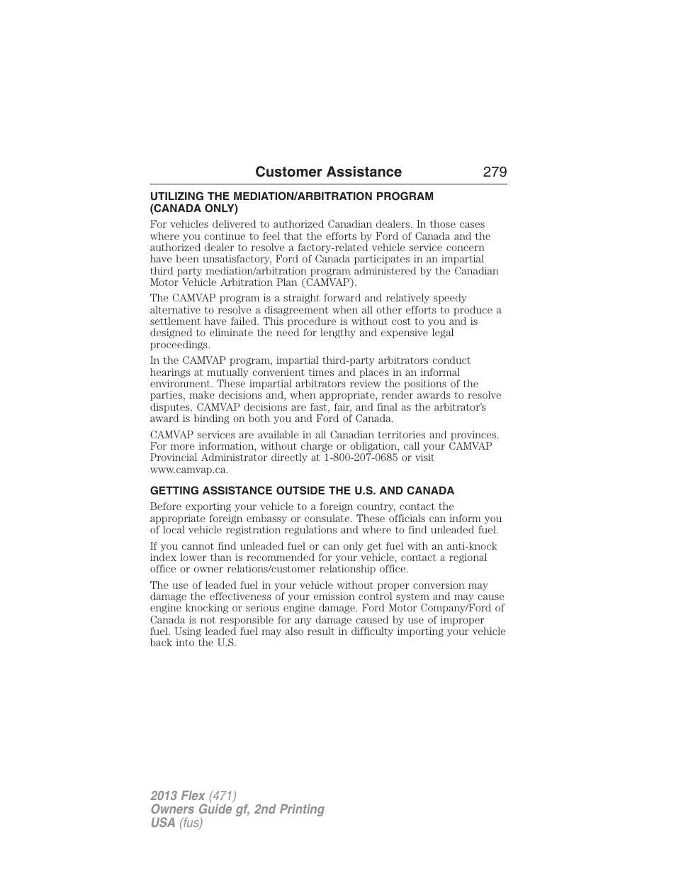 Getting assistance outside the u.s. and canada, Customer assistance 279 | FORD 2013 Flex v.2 User Manual | Page 279 / 535