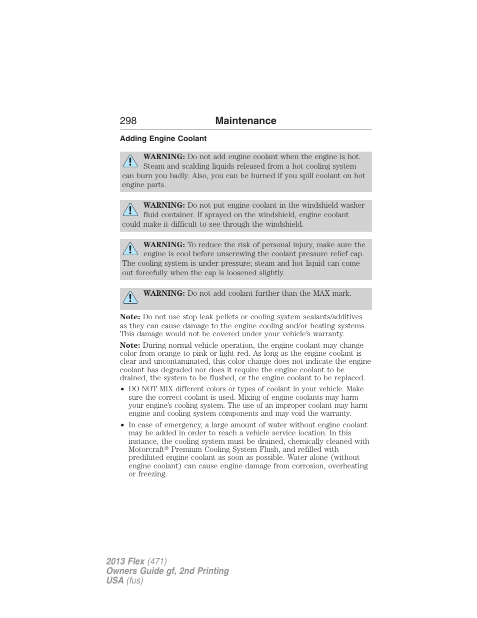 Adding engine coolant, 298 maintenance | FORD 2013 Flex v.2 User Manual | Page 298 / 535