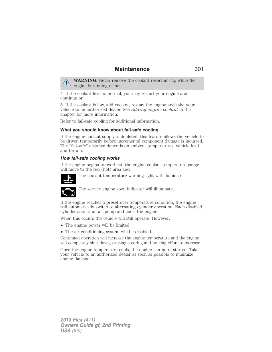 What you should know about fail-safe cooling, How fail-safe cooling works, Maintenance 301 | FORD 2013 Flex v.2 User Manual | Page 301 / 535
