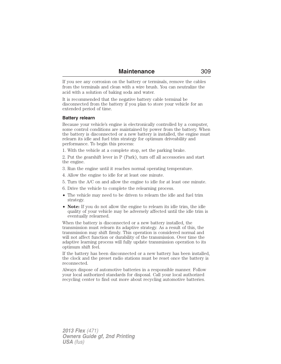 Battery relearn, Maintenance 309 | FORD 2013 Flex v.2 User Manual | Page 309 / 535