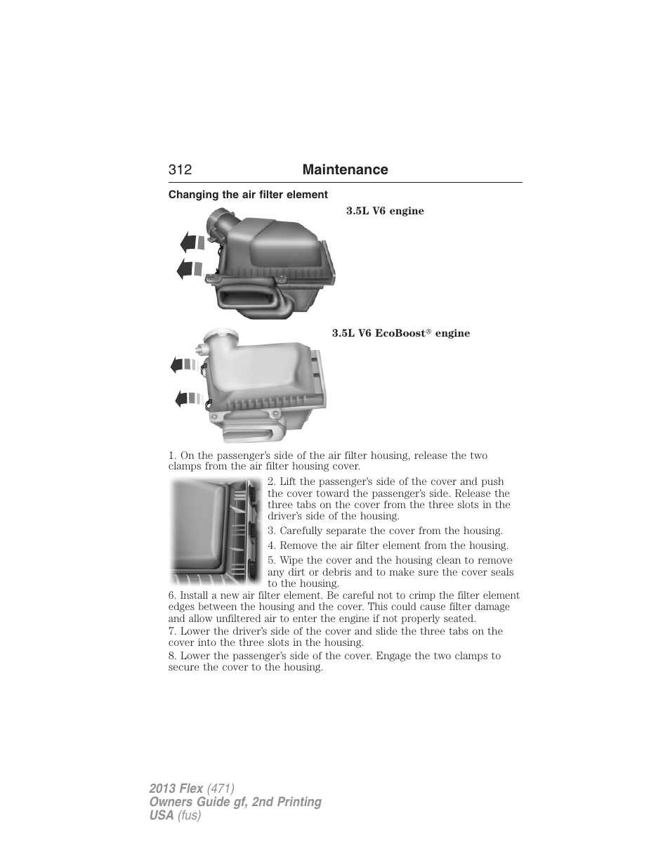 Changing the air filter element, 312 maintenance | FORD 2013 Flex v.2 User Manual | Page 312 / 535