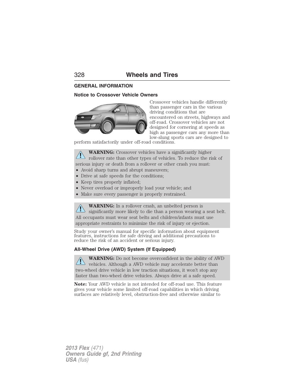 Wheels and tires, General information, Notice to crossover vehicle owners | All-wheel drive (awd) system (if equipped), 328 wheels and tires | FORD 2013 Flex v.2 User Manual | Page 328 / 535