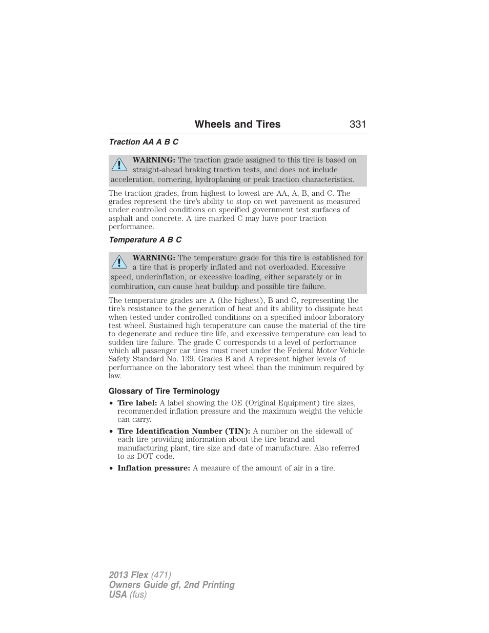 Traction aa a b c, Temperature a b c, Glossary of tire terminology | Wheels and tires 331 | FORD 2013 Flex v.2 User Manual | Page 331 / 535