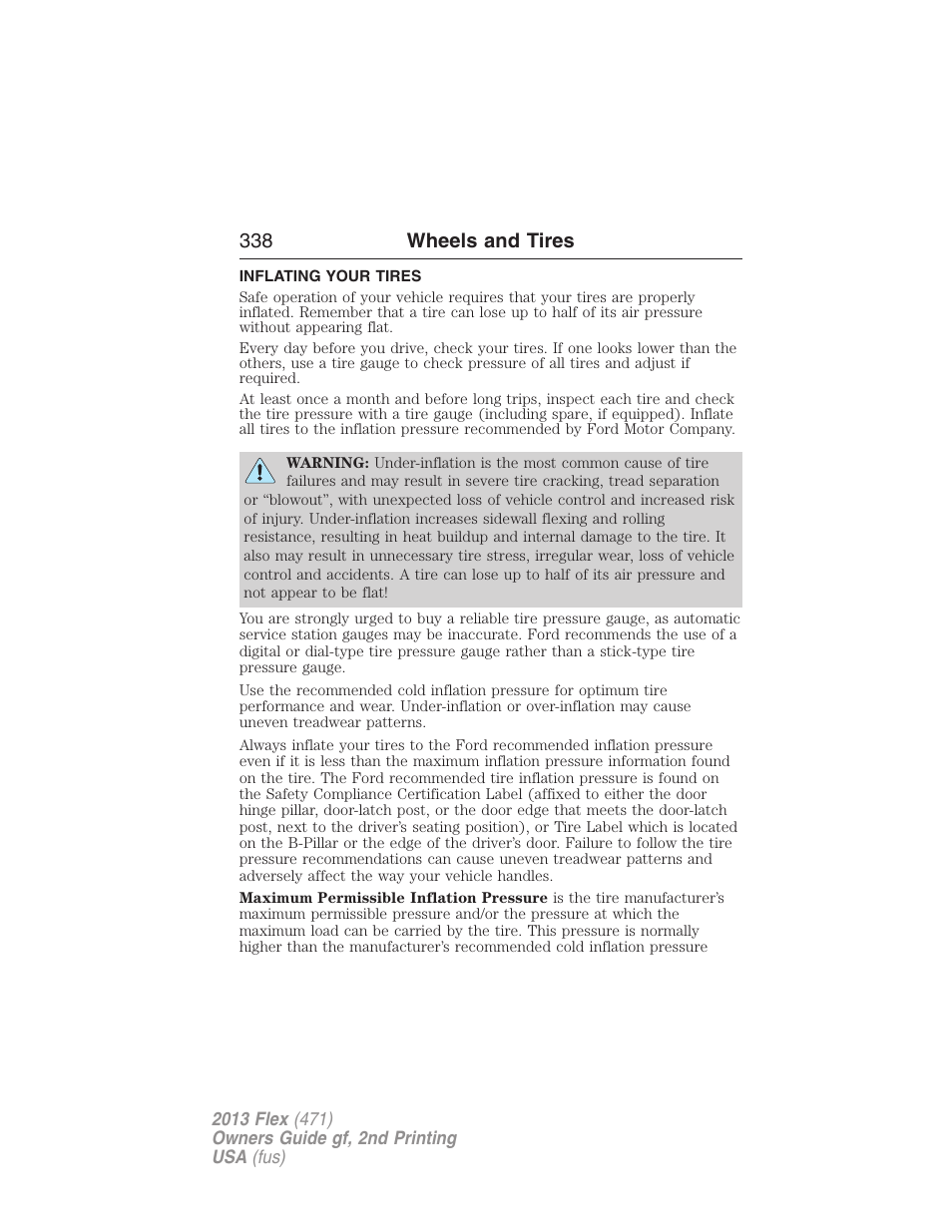 Inflating your tires, 338 wheels and tires | FORD 2013 Flex v.2 User Manual | Page 338 / 535