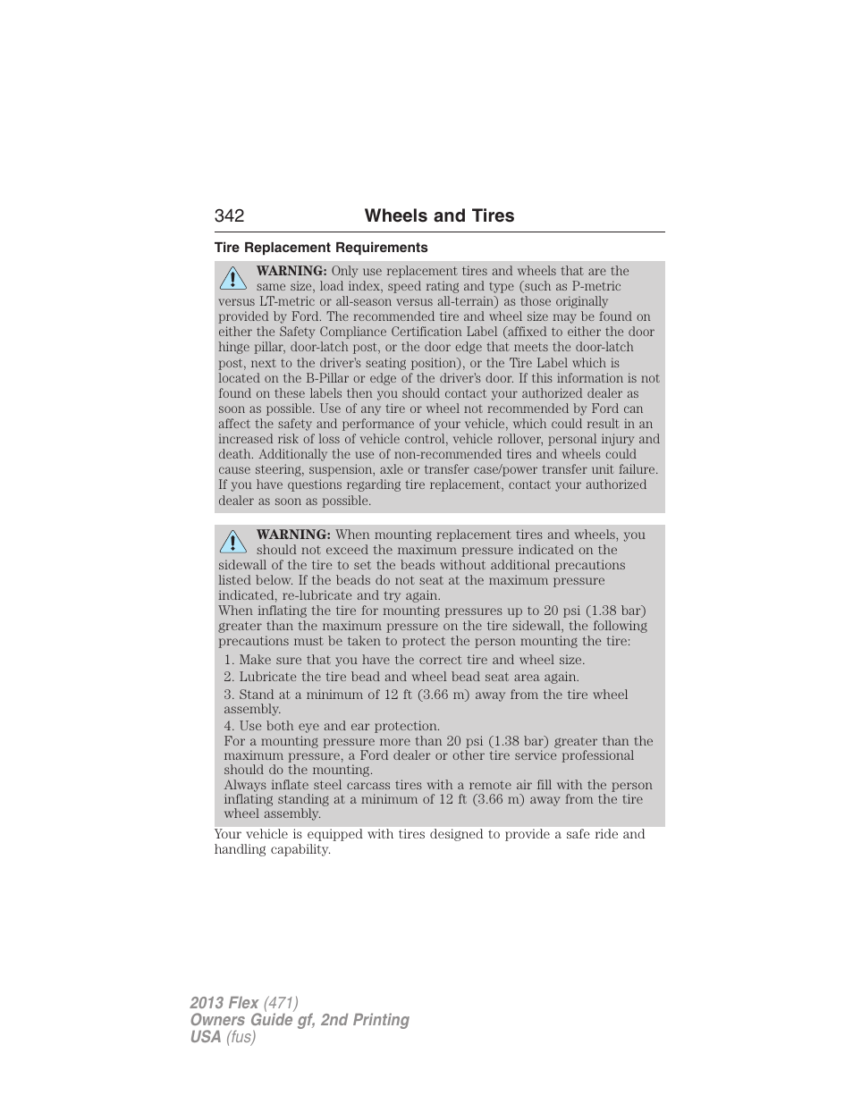 Tire replacement requirements, 342 wheels and tires | FORD 2013 Flex v.2 User Manual | Page 342 / 535