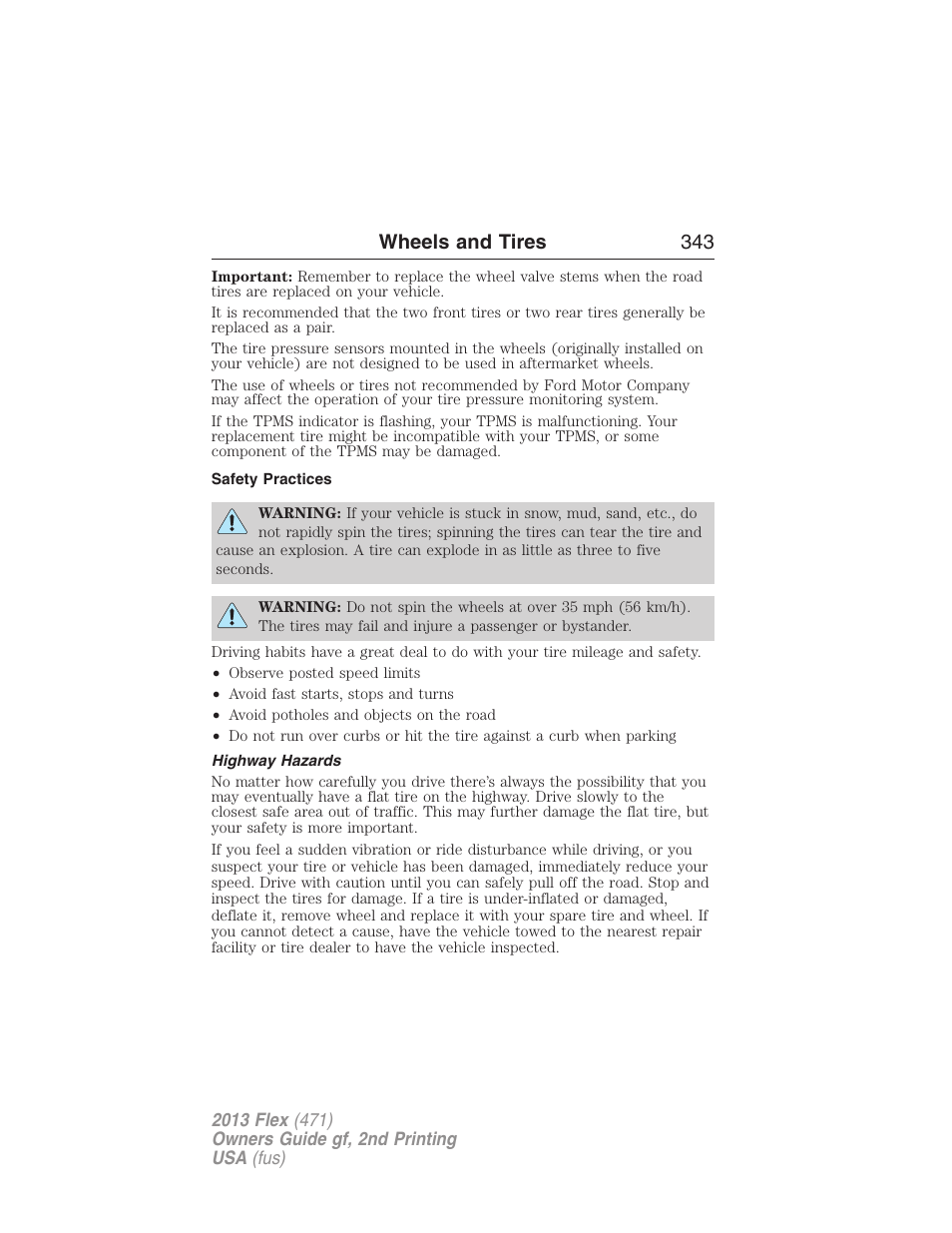 Safety practices, Highway hazards, Wheels and tires 343 | FORD 2013 Flex v.2 User Manual | Page 343 / 535