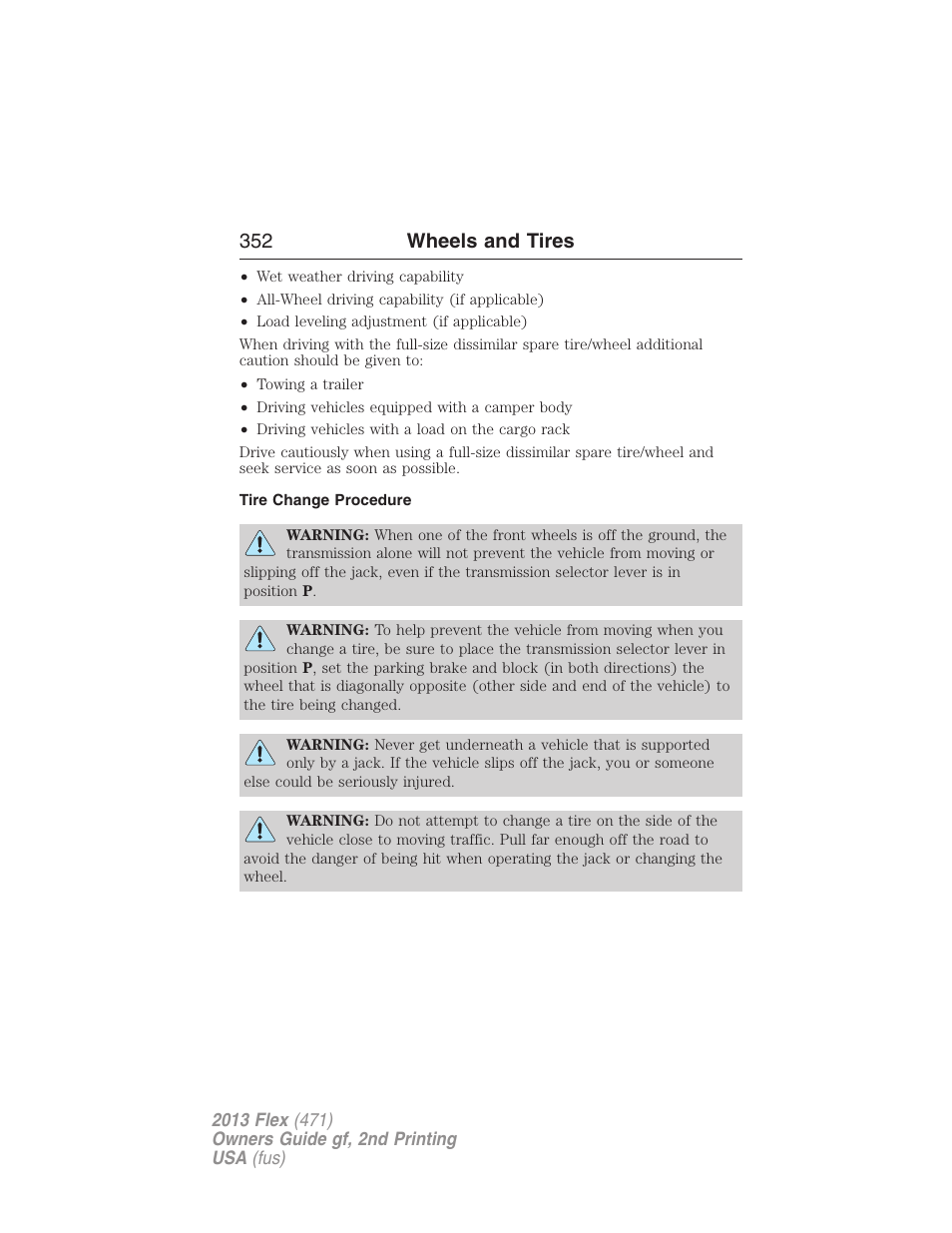 Tire change procedure, 352 wheels and tires | FORD 2013 Flex v.2 User Manual | Page 352 / 535