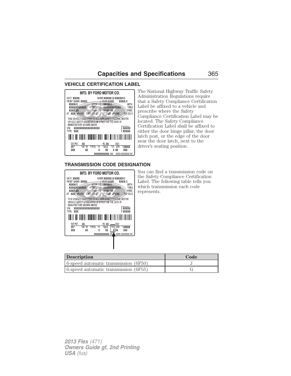 Vehicle certification label, Transmission code designation, Capacities and specifications 365 | FORD 2013 Flex v.2 User Manual | Page 365 / 535