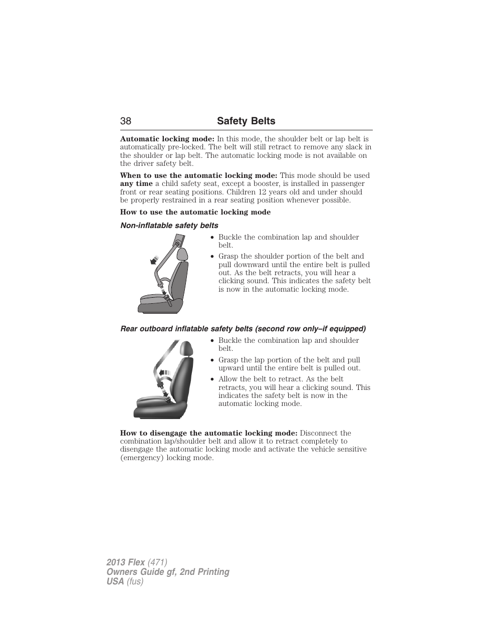 Non-inflatable safety belts, 38 safety belts | FORD 2013 Flex v.2 User Manual | Page 38 / 535