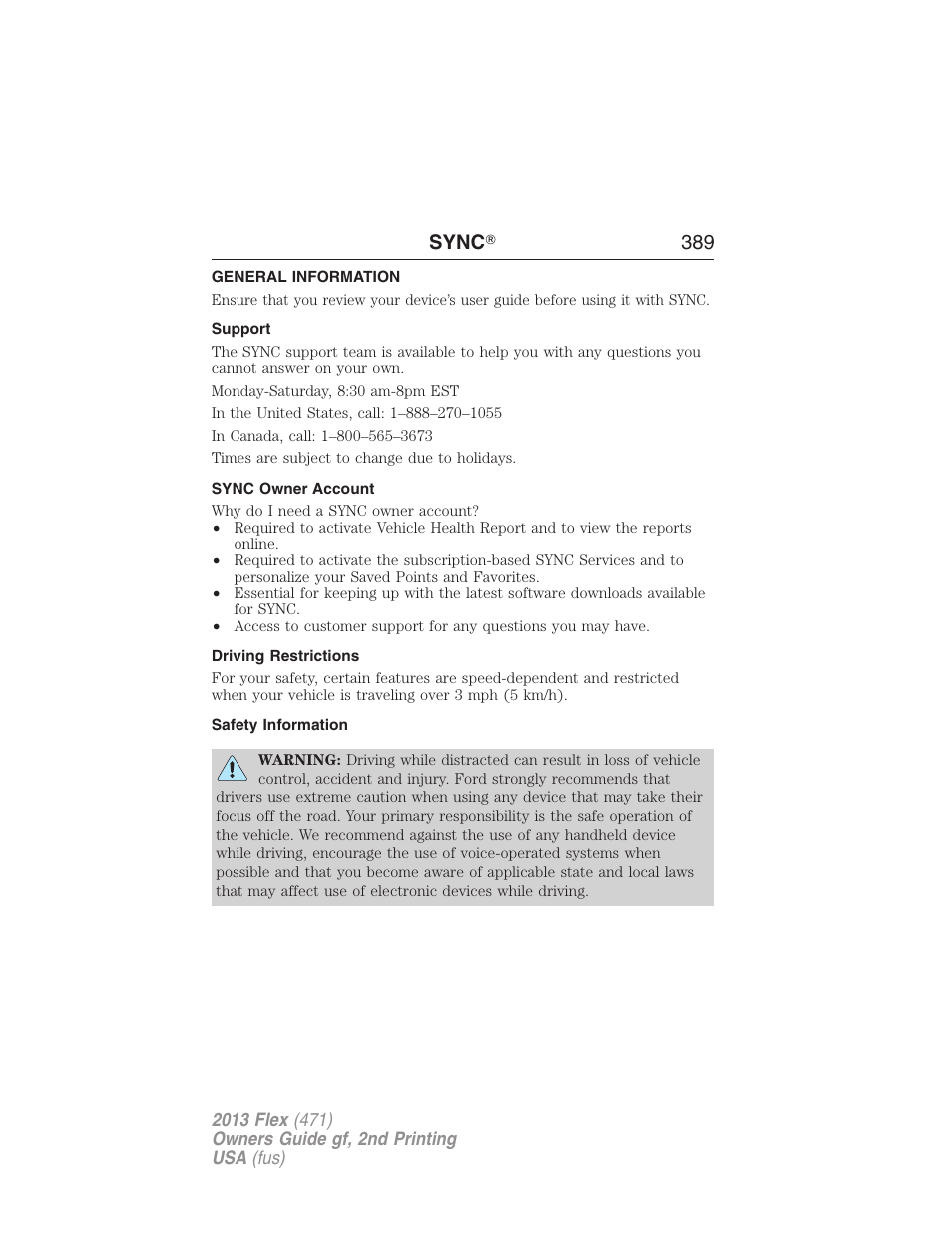 General information, Support, Sync owner account | Driving restrictions, Safety information, Sync ா 389 | FORD 2013 Flex v.2 User Manual | Page 389 / 535