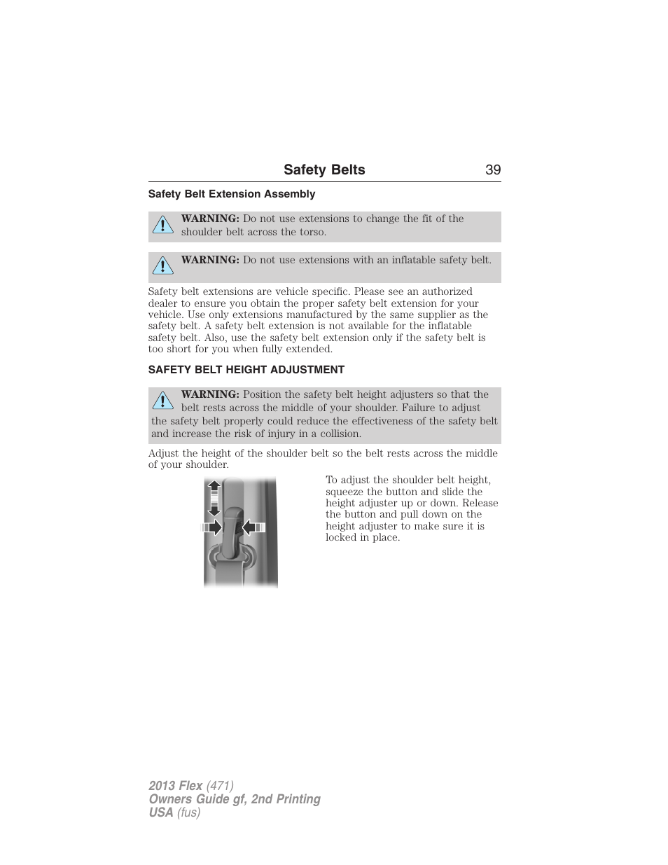 Safety belt extension assembly, Safety belt height adjustment, Safety belts 39 | FORD 2013 Flex v.2 User Manual | Page 39 / 535