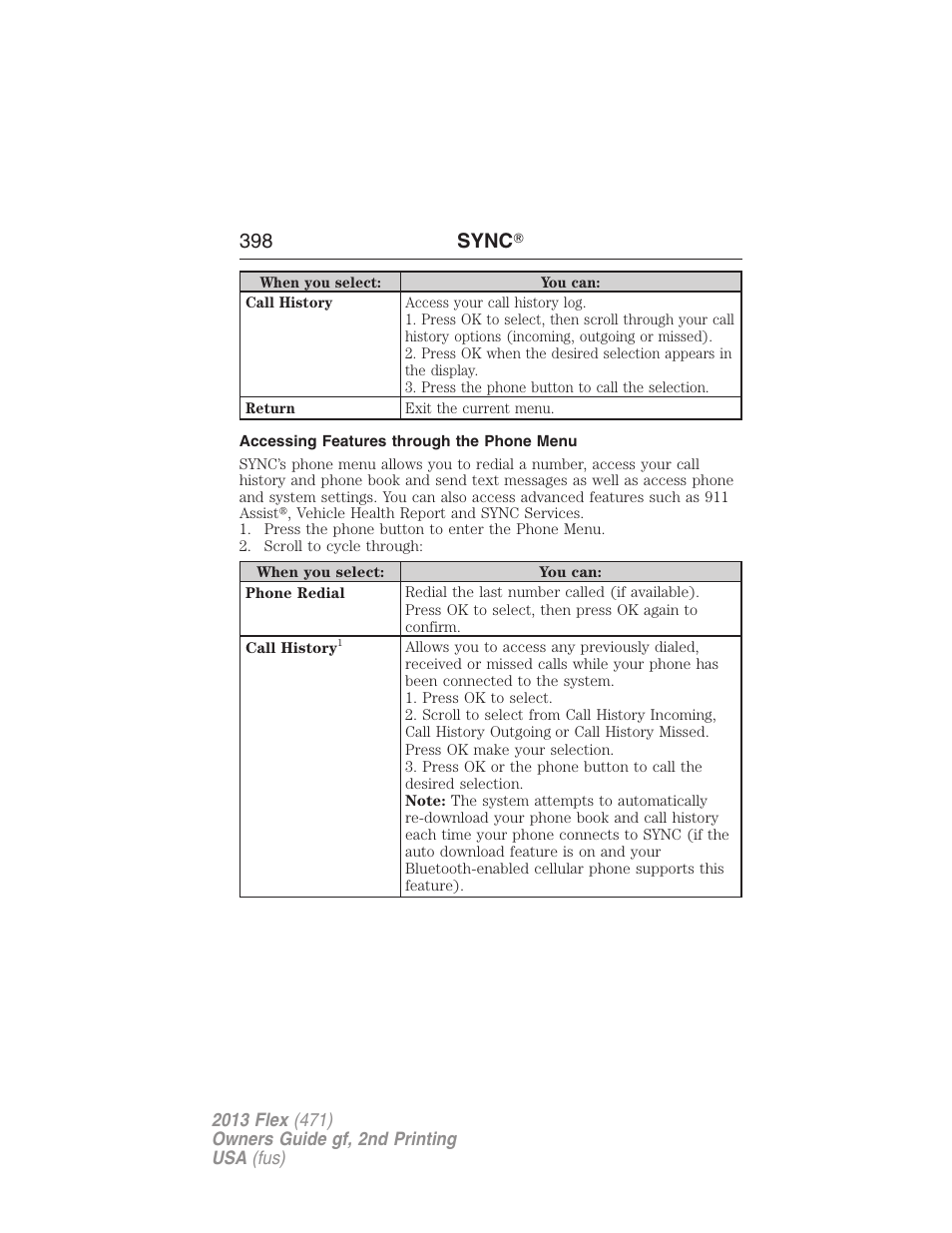 Accessing features through the phone menu, 398 sync | FORD 2013 Flex v.2 User Manual | Page 398 / 535