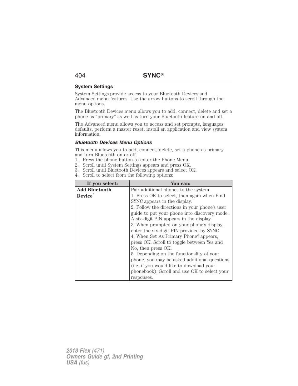 System settings, Bluetooth devices menu options, 404 sync | FORD 2013 Flex v.2 User Manual | Page 404 / 535