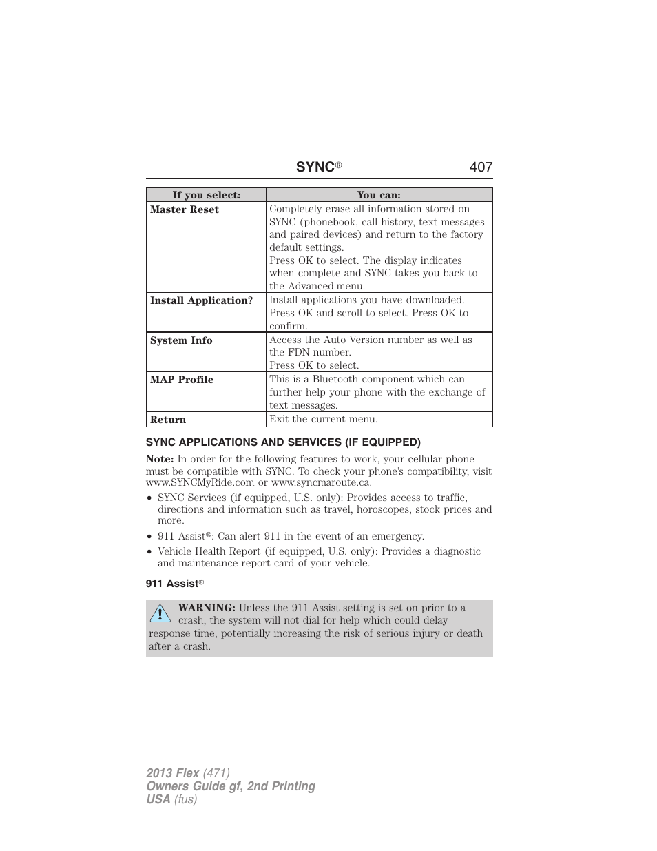 Sync applications and services (if equipped), 911 assist, Sync ா 407 | FORD 2013 Flex v.2 User Manual | Page 407 / 535