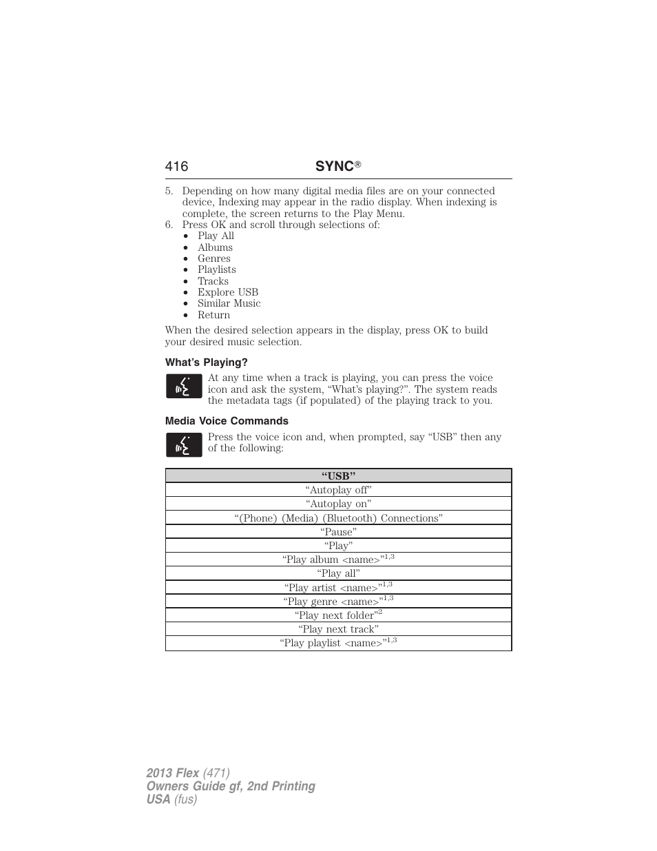 What’s playing, Media voice commands, 416 sync | FORD 2013 Flex v.2 User Manual | Page 416 / 535