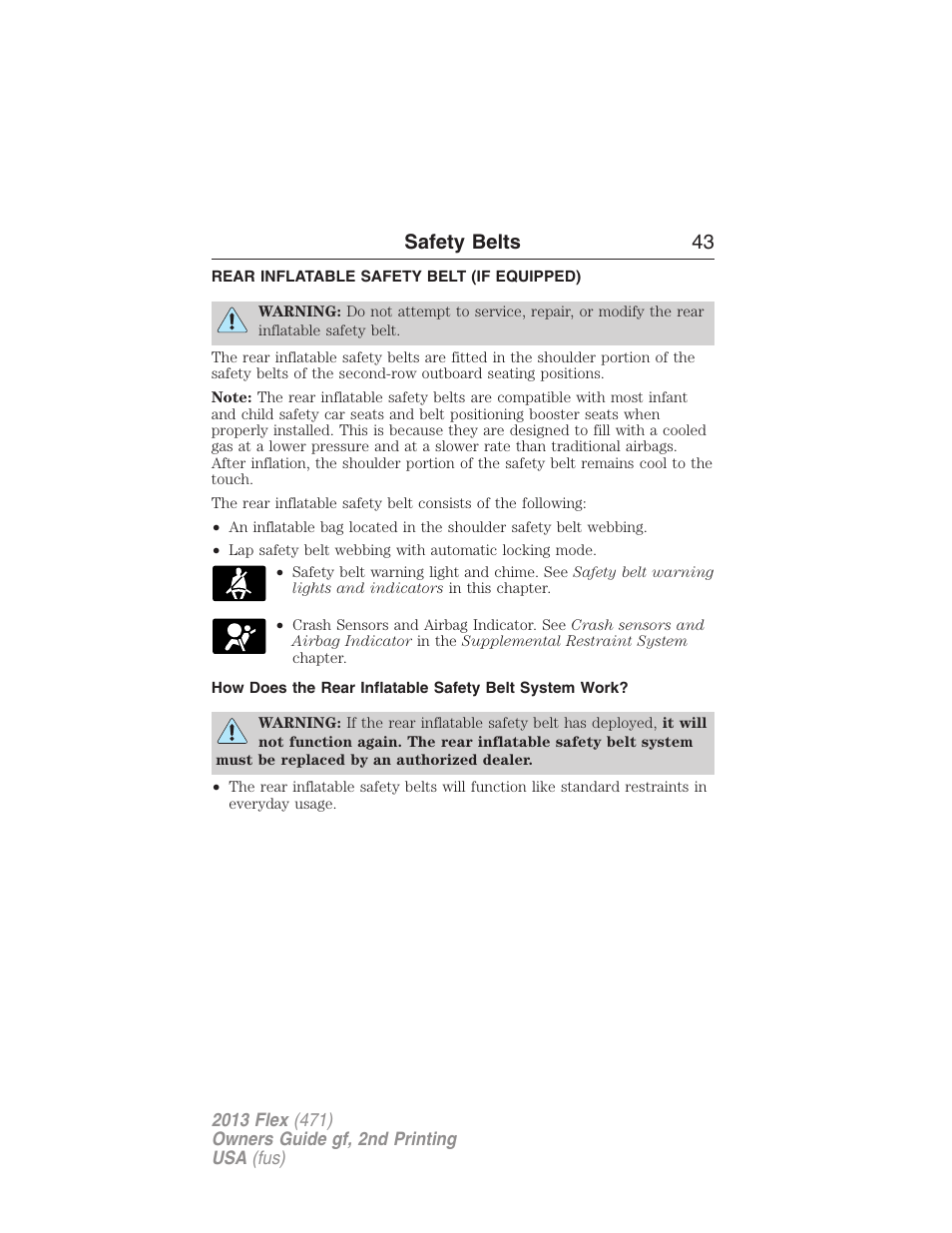 Rear inflatable safety belt (if equipped), Rear inflatable safety belt, Safety belts 43 | FORD 2013 Flex v.2 User Manual | Page 43 / 535
