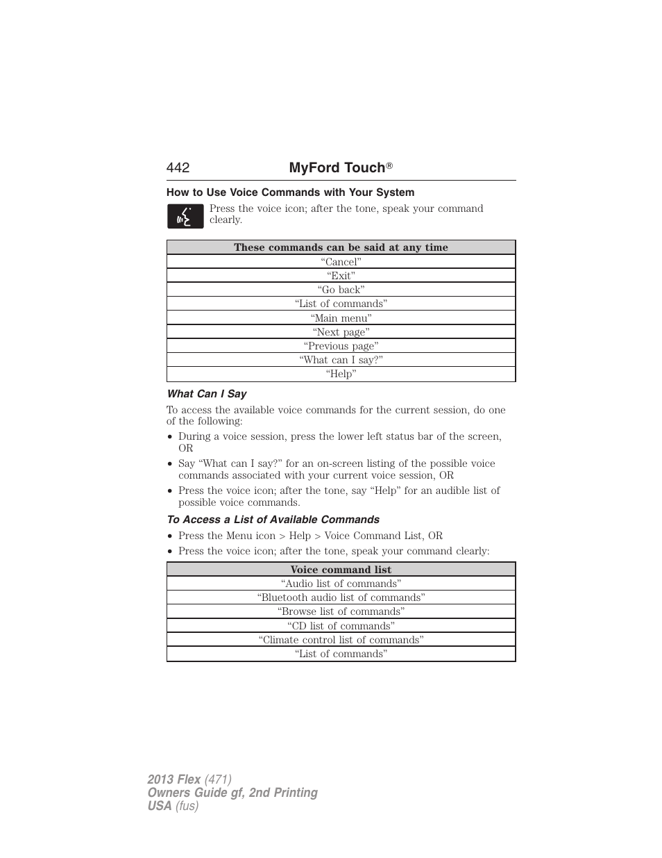 How to use voice commands with your system, What can i say, To access a list of available commands | 442 myford touch | FORD 2013 Flex v.2 User Manual | Page 442 / 535