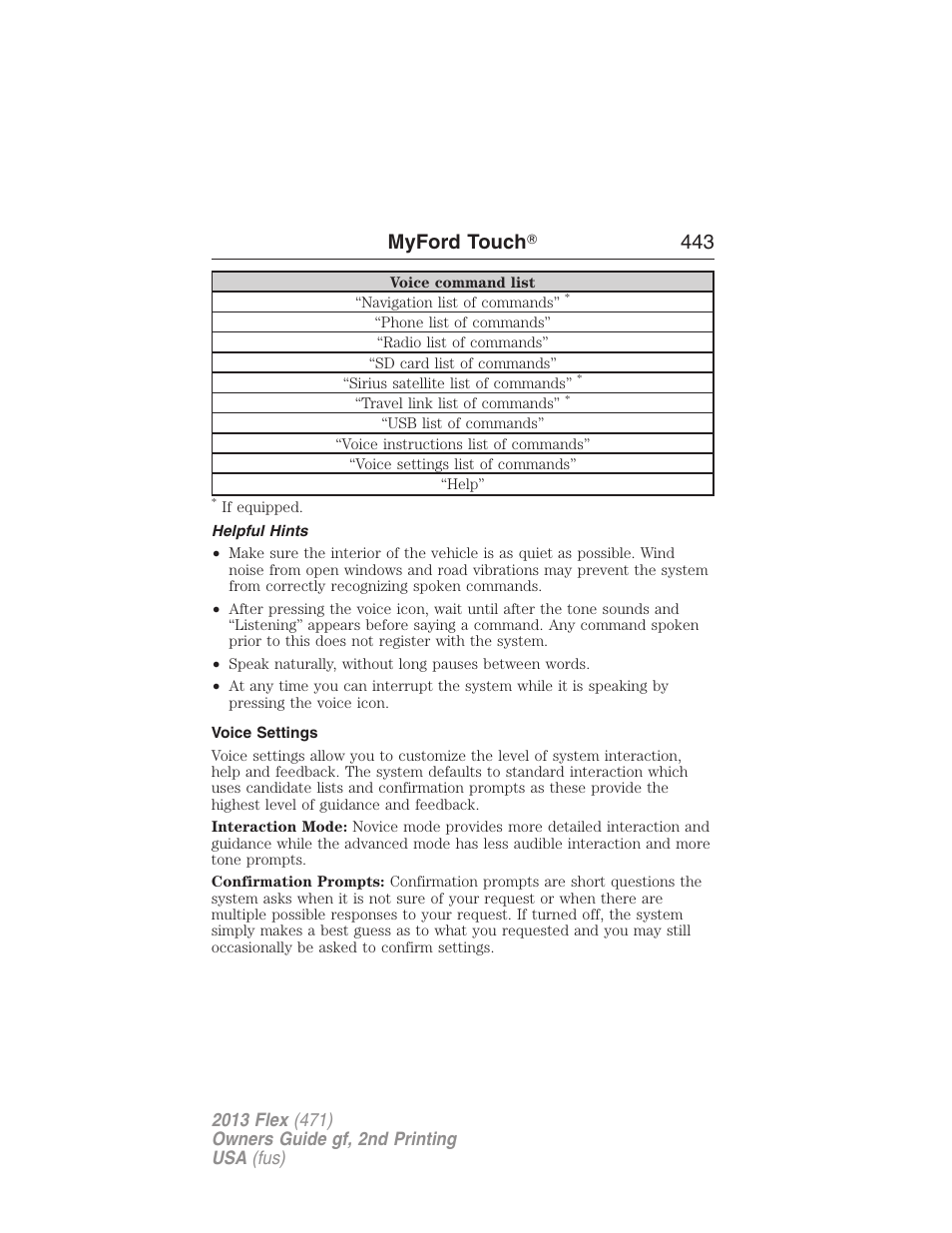Helpful hints, Voice settings, Myford touch ா 443 | FORD 2013 Flex v.2 User Manual | Page 443 / 535